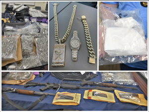 picture of cocaine, marijuana, jewelry and guns